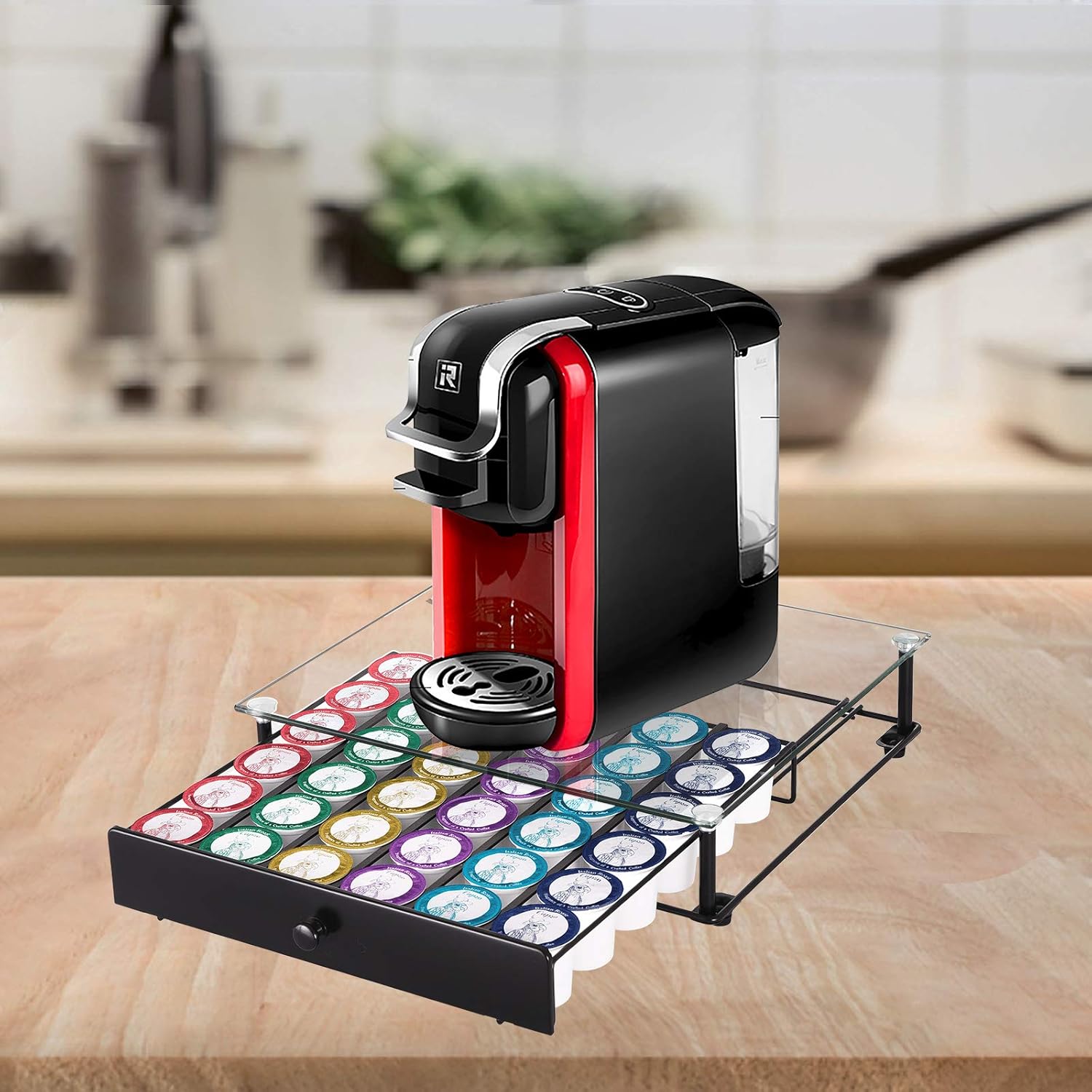 Coffee Pod Holder, Tempered Glass Top Coffee Pod Storage Drawer for K Cup Coffee Pods, Black Coffee Capsules Holder Compatible with 36 Pods, 6 Pods for Each Line: Kitchen & Dining