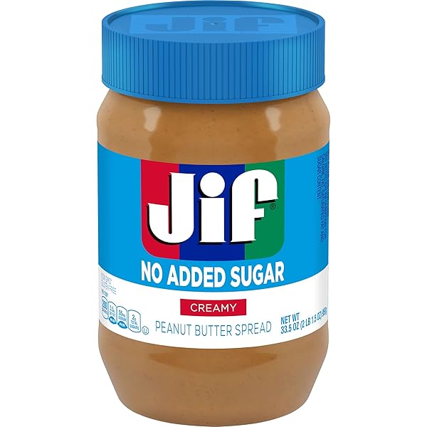 JIF NO ADDED SUGAR CREAMY PEANUT BUTTER SPREAD, 33.5 OUNCES, SMOOTH, CREAMY TEXTURE, NO STIR PEANUT BUTTER SPREAD