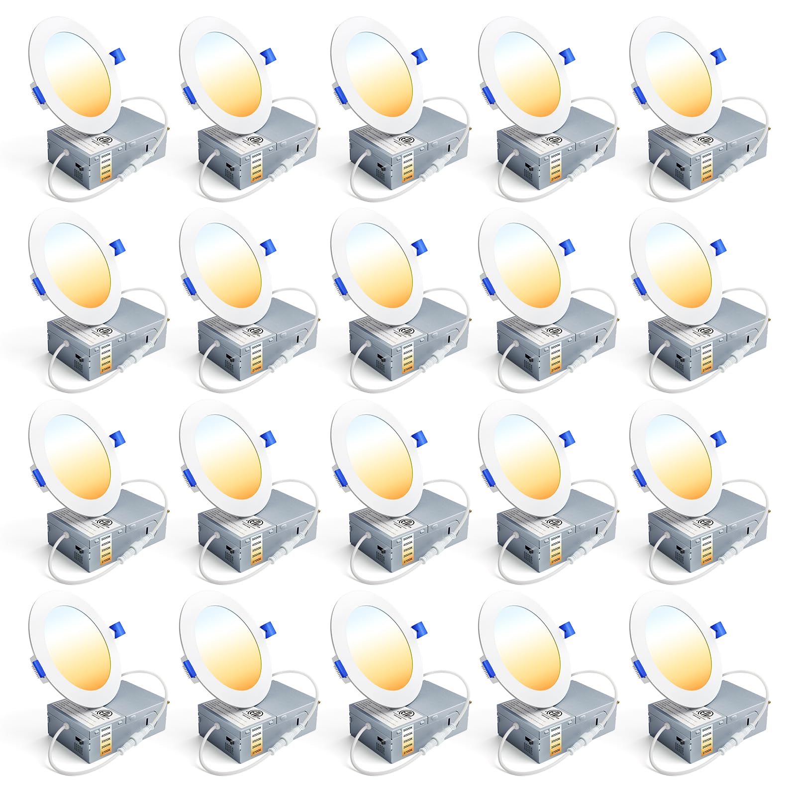 Photo 1 of Ensenior 20 Pack 4 Inch LED Recessed Light, Dimmable, 2700K-5000K 5CCT, 750LM High Brightness, 9W 120V, Damp Rated, ERL-9X-ETL, Ultra-Thin Canless Wafer Light - ETL & FCC & IC
