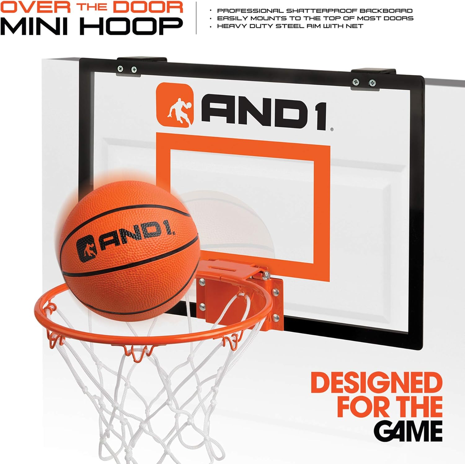AND1 Over The Door Mini Hoop: - 18”x12” Easy to Install Portable Basketball Hoop with Steel Rim, Includes 5” Mini Basketball, Indoor Game Set for Children and Adults- Clear : Sports & Outdoors