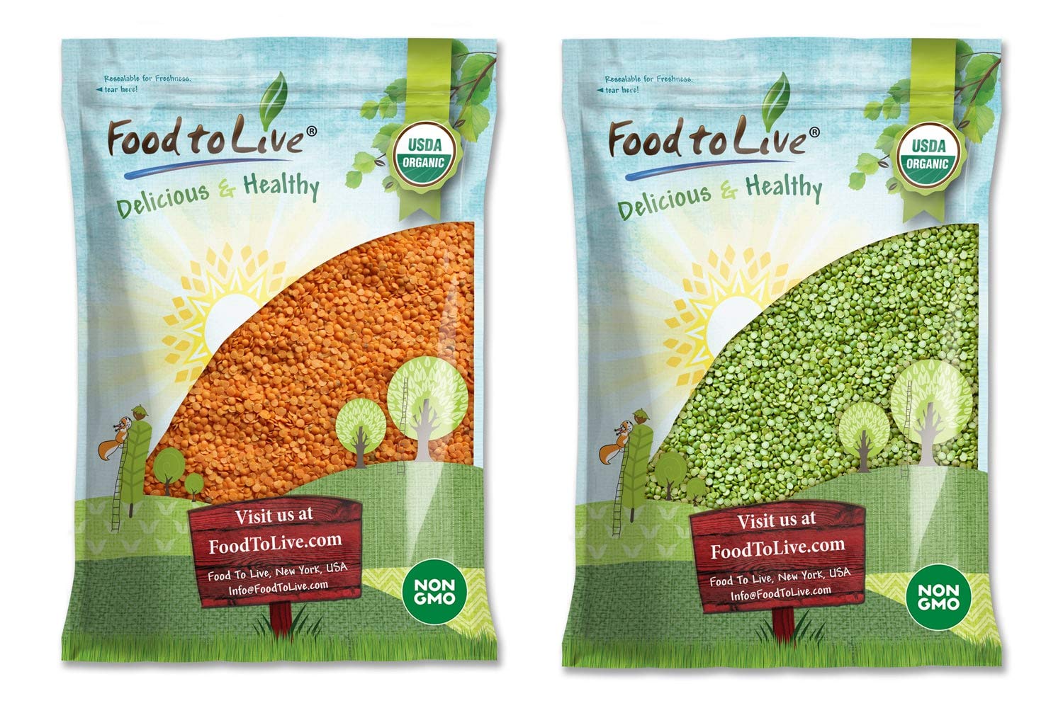 Organic Split Legumes Bundle - Organic Red Split Lentils, 20 Pounds and Organic Green Split Peas, 20 Pounds - Non-GMO, Kosher, Raw, Vegan