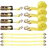 4 Set Heavy Duty Car Trailer Tie Down Straps - 2" x 10' Ratchet Straps, J-Hooks with Clip, 2" x 36'' Axle Strap for Car, Truck, UTV Transport, 10,000lbs Break Strength