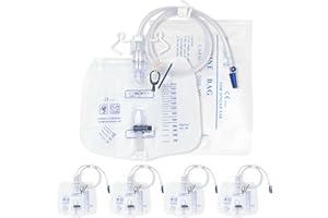 DOKIBI 5 Pack Urinary Drainage Bag with Anti-Reflux Chamber, 2000ml Large Capacity, 48" Drainage Tube, Professional Urine Bags with Clips and Hanging Hook, Catheter Bags for Men