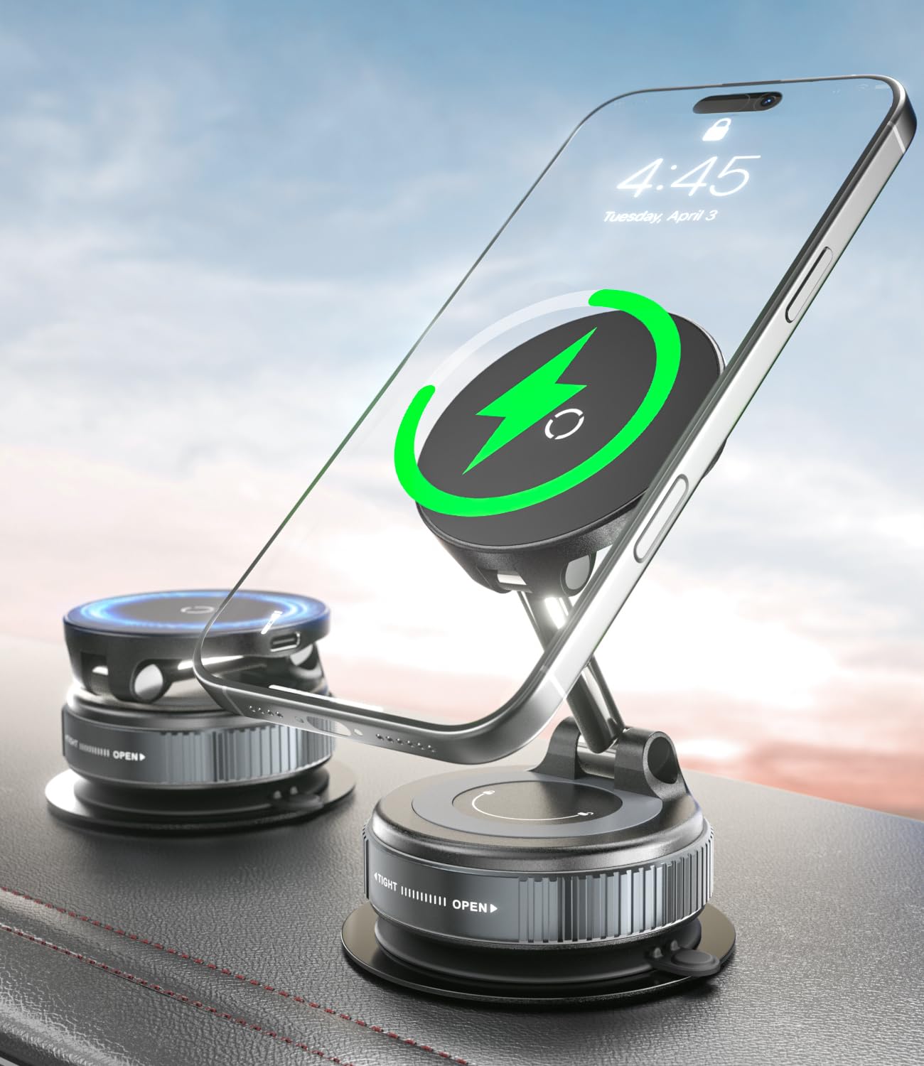 Photo 1 of CloudValley 15W Fast Wireless Charger Car Phone Holder Mount, Vacuum Suction Cup Phone Holder Design for MagSafe iPhone 17/16/15/14/13/12, 360° Adjustable & Foldable Stand for Dashboard & Windshield