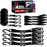 Jack Boss Ratchet Tie Down Straps Set,1500 lbs Break Strength, 1" x 15' Heavy Duty Ratchet Straps with 4X Soft Loops Padded Handles Coated S Hook, Fits for Moving Appliances Motorcycle ATV Truck,Black