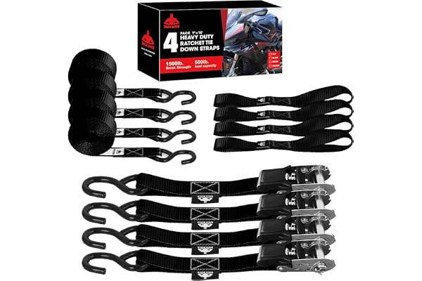 Jack Boss Ratchet Tie Down Straps Set,1500 lbs Break Strength, 1" x 15' Heavy Duty Ratchet Straps with 4X Soft Loops Padded Handles Coated S Hook, Fits for Moving Appliances Motorcycle ATV Truck,Black