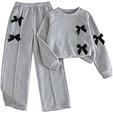 SOLY HUX Girl's 2 Piece Outfits Bow Long Sleeve Sweatshirt Tops and Wide Leg Pants Set Fall Clothes