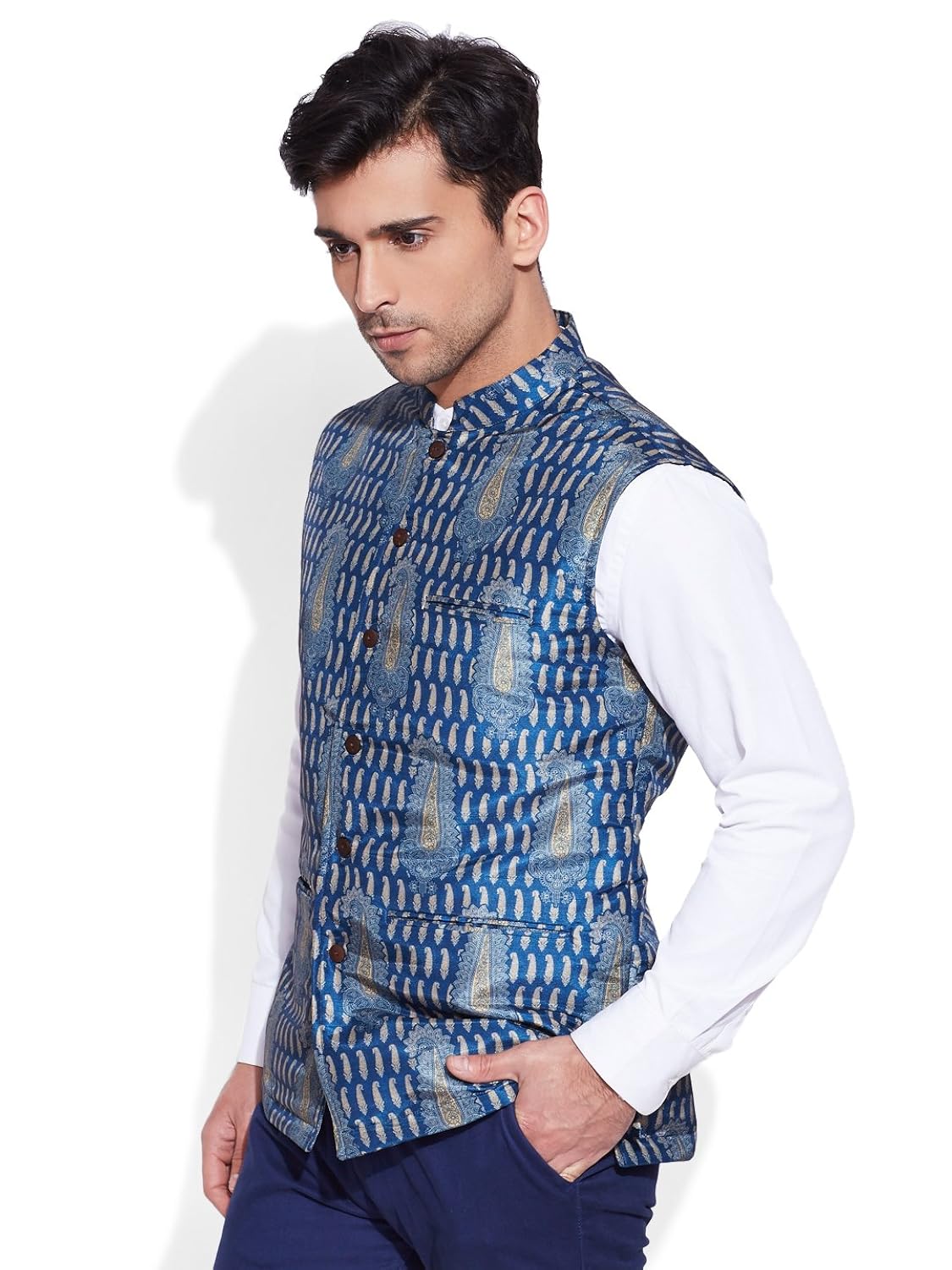 very me men's designer blue digitally printed nehru jacket