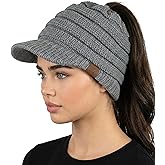 Funky Junque Ponytail Beanie for Women - Winter Ponyback Hat Soft Stretch Cable Knit High Pony Tail Womens Running Hats