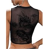 Floerns Women's Sleeveless Crew Neck Dragon Print Sheer Mesh Crop Tank Tops