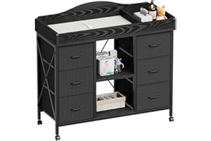 Yetom Changing Table, 6-Drawer Baby Dresser with Changing Table top,Waterproof Diaper Changing Station & Pad, 2 Height-Adjustable Open Storage Shelves, Mobile Nursery Organizer, Black