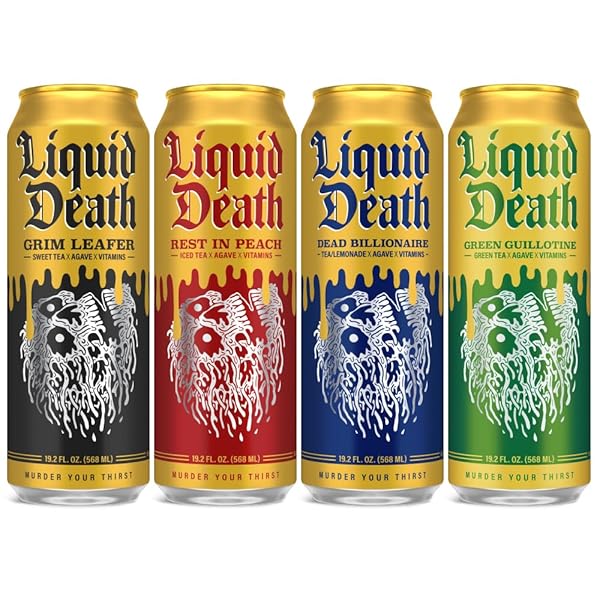 LIQUID DEATH ICED TEA VARIETY 12-PACK (19.2 OZ CANS) (GRIM LEAFER, REST IN PEACH, DEAD BILLIONAIRE, GREEN GUILLOTINE)