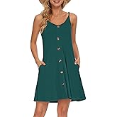 MISFAY Women Summer Spaghetti Strap Button Down V Neck Sleeveless Causal Beach Cover Up Dress with Pockets Dark Green
