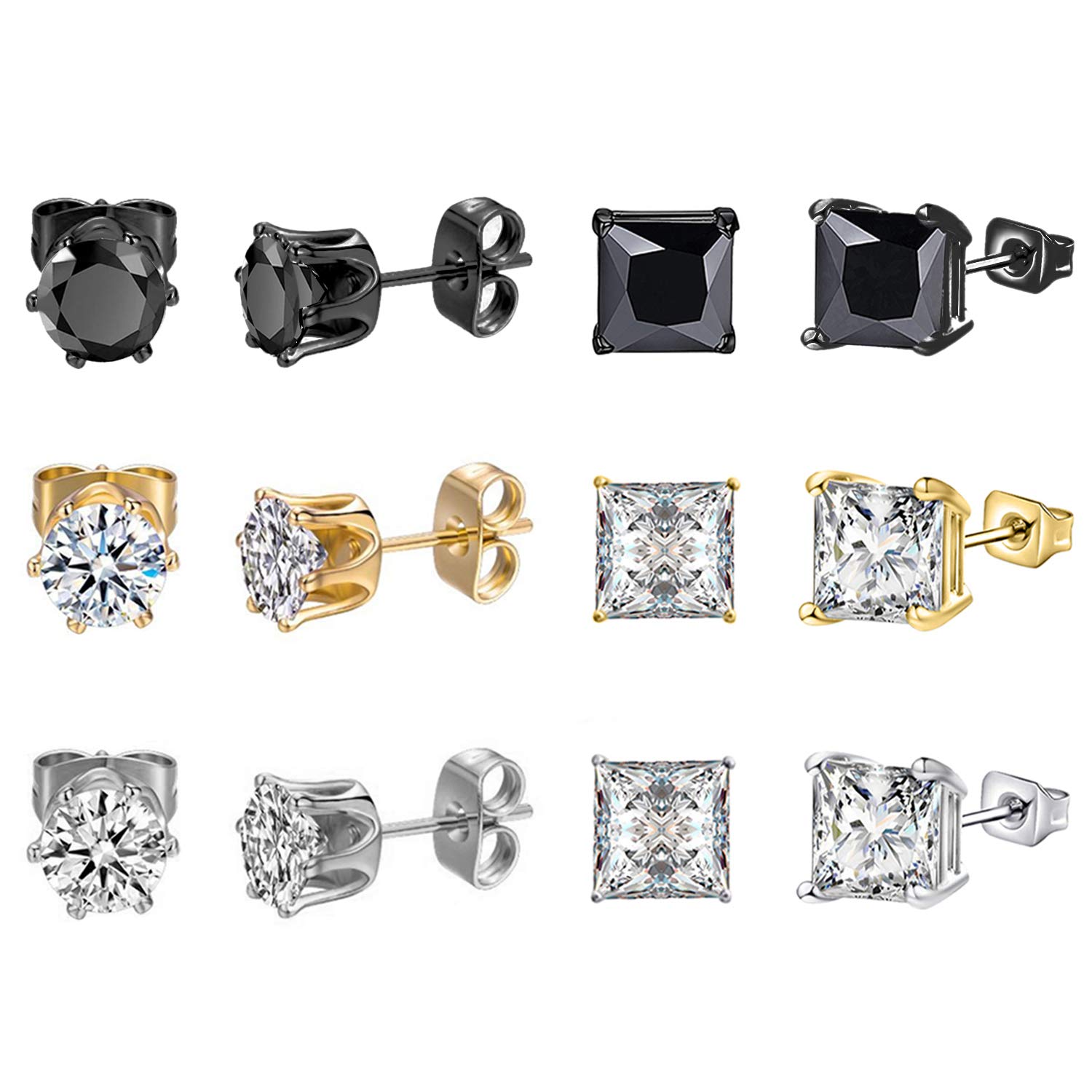 Cupimatch 6 pairs Cubic Zirconia Stud Earrings, Princess Cut Stainless Steel Ear Piercing Earring Jewelry for Women Girls