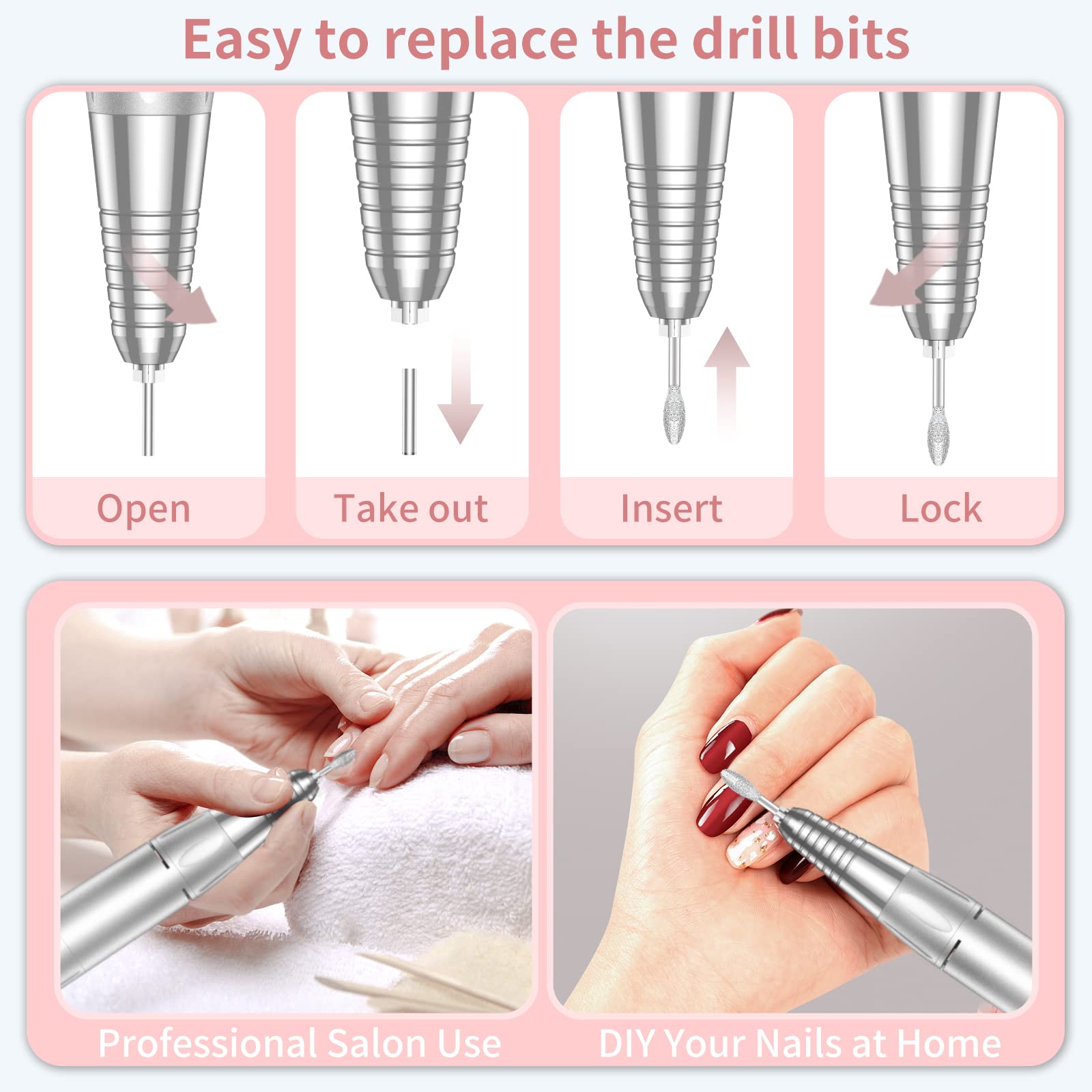 Portable Nail Drill Professional 35000 RPM, MOCOWIND Rechargeable Electric Nail File Machine E File for Acrylic Nails Gel Polishing Removing, Cordless E-file with Bits Kit for Manicure Salon Home,Pink - Image 6