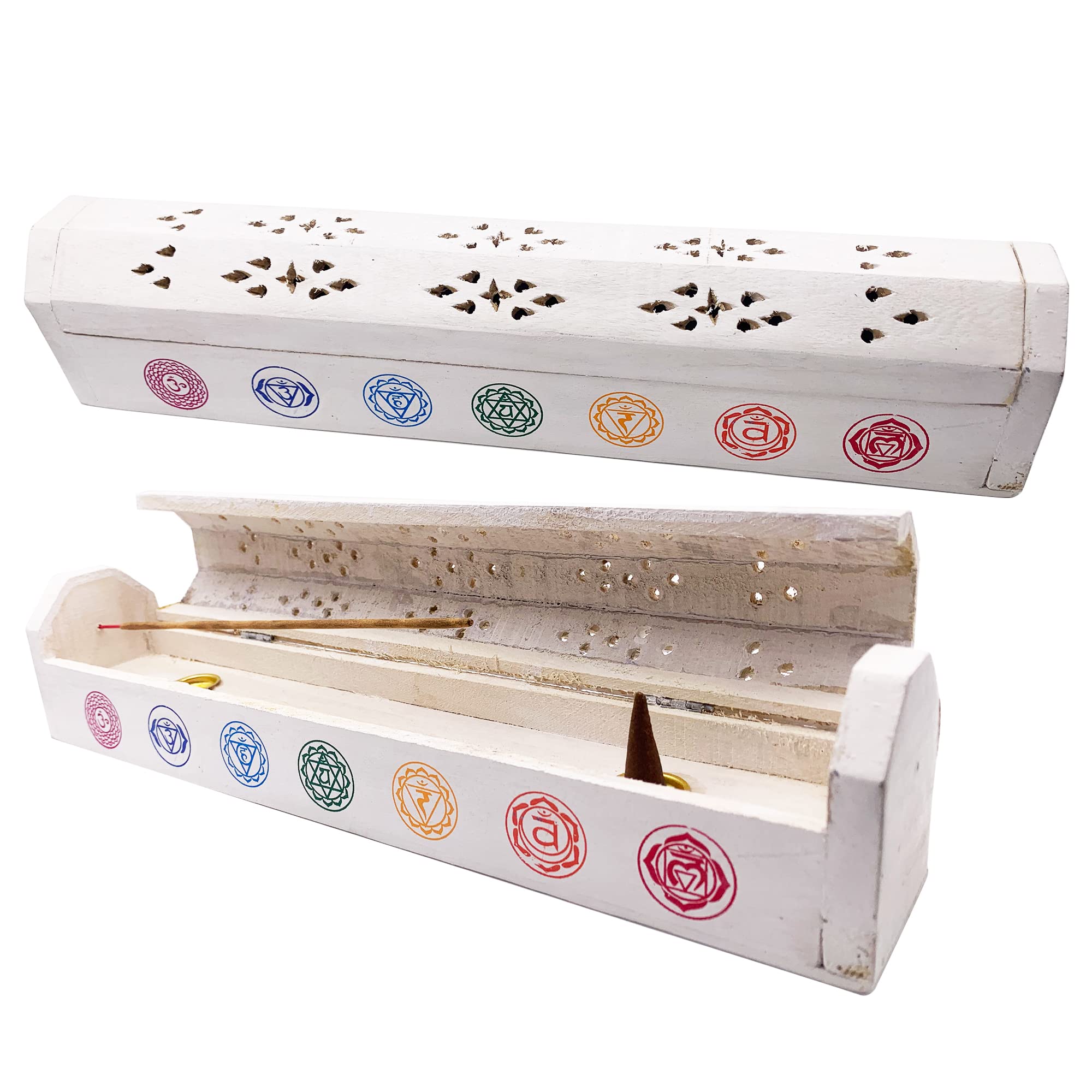 Incense Burner (Censer) Wooden Box Hand Decorated in India - Exclusive Chakra Design White - 30.5 x 6 x 5.5 cm - Weight 240 g. Wood Incense Holder.