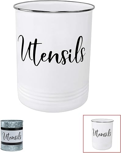 Kitchen Utensil Holder-Modern Farmhouse Kitchen Decor-Large White and Black Utensil Crock-Vintage Organizer- Kitchen Tool Caddy-Stainless Steel Rim-Countertop Storage Solution by Home Acre Designs