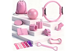 Pilates Equipment 18-piece set including ring, ball, resistance bands, wrist weights, and carrying bag laid out on a floor mat.