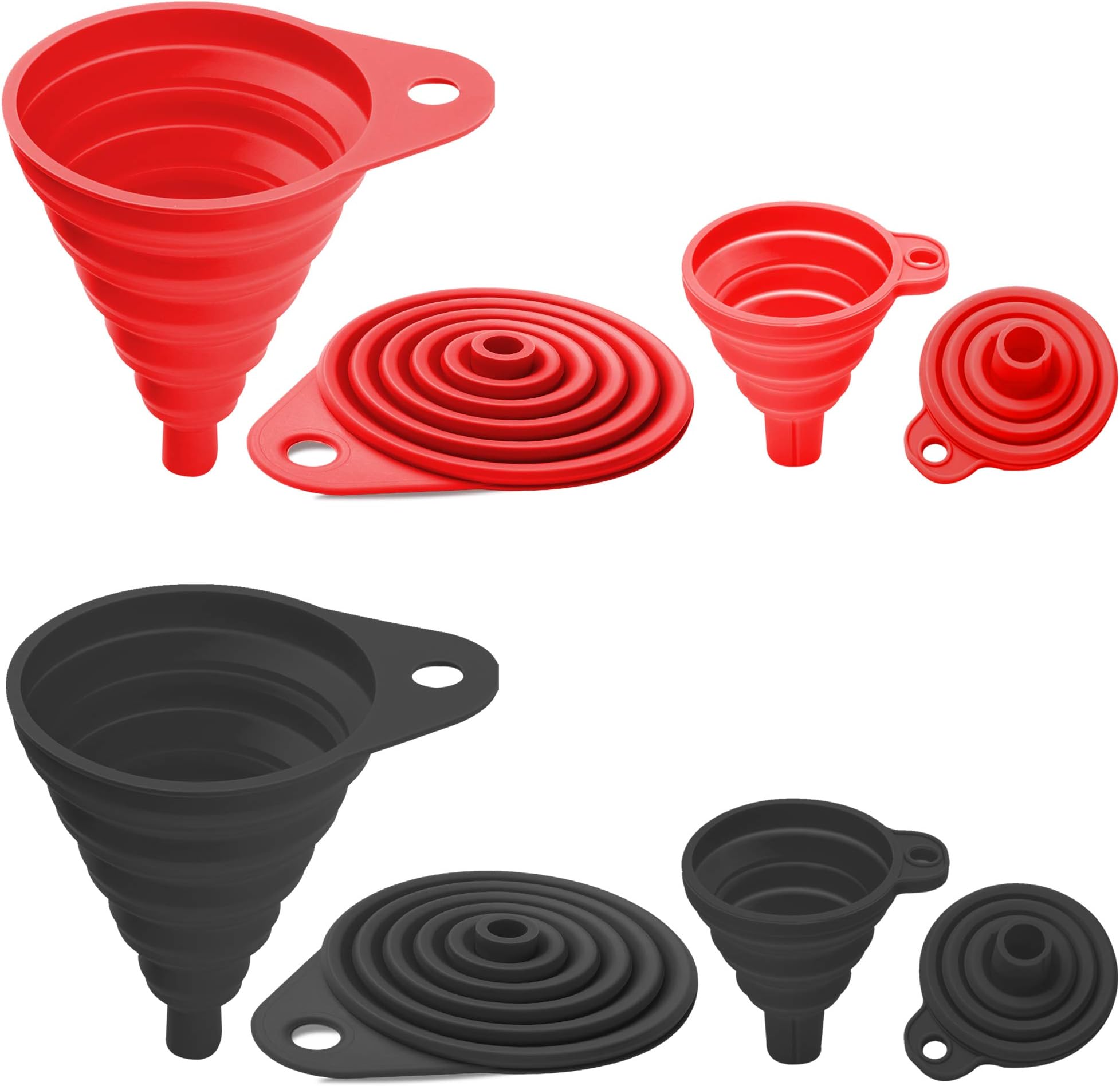 Kitchen Collapsible, 4 Flexible Silicone Funnels, Large And Small Funnel Set, For Oil, Food And Water Bottles, BPA-Free + Brush and Recipes E-Book | By Lebice (Black Red)
