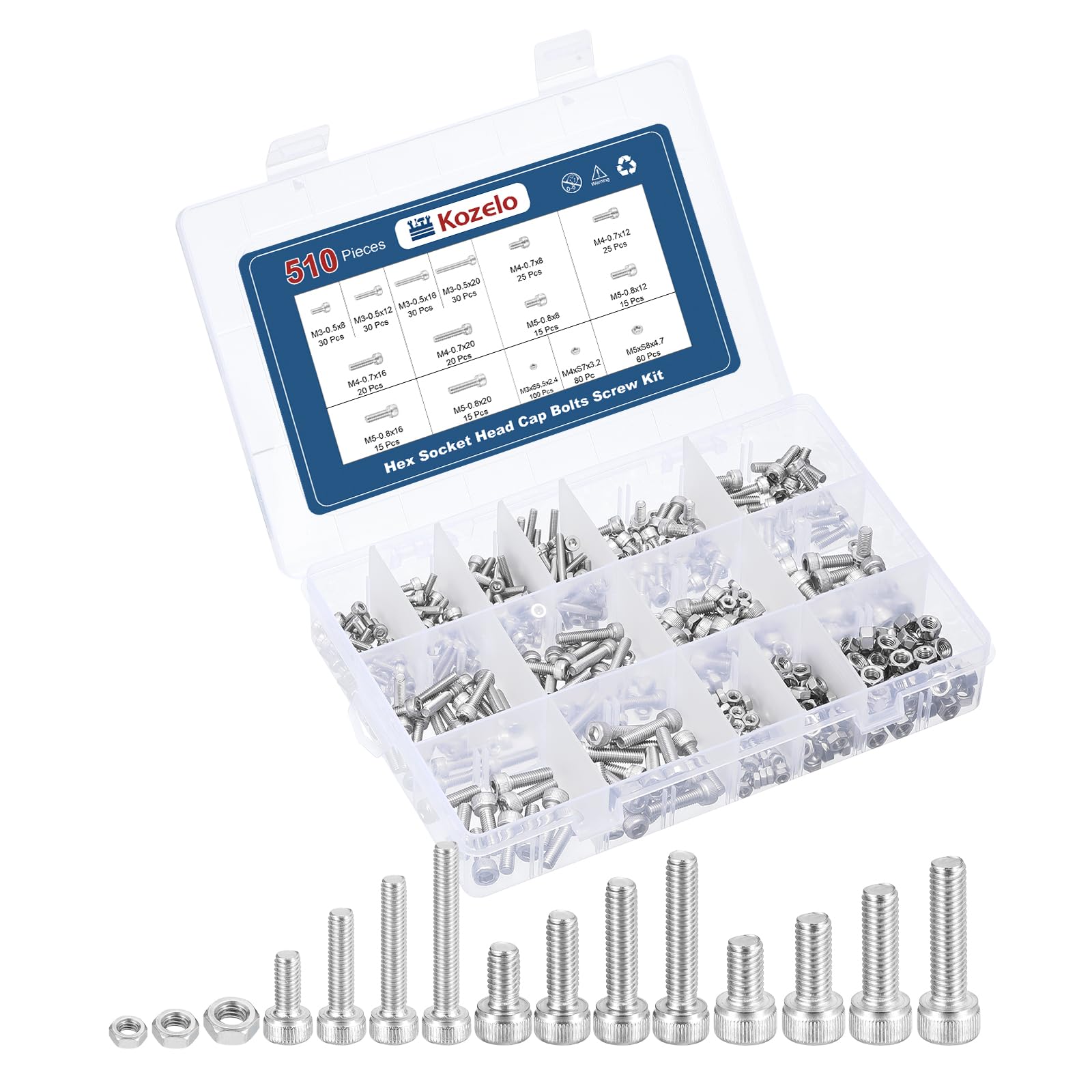Kozelo 510pcs Socket Head Cap Screws Bolts Nuts Assortment Kit - [M3/M4/M5] 304 Stainless Steel Allen Socket Drive for 3D Printer — image 1