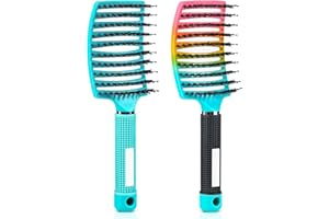 KINGMING Curved Vented Brush for Wet & Dry Hair, Detangling Brush for Blow Drying, 2 Pack (Light Blue + Rainbow)