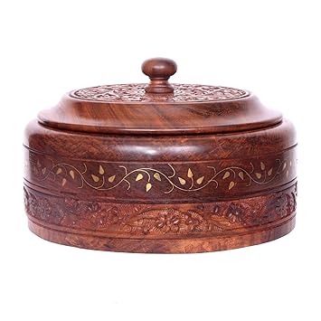 Willart Handicraft Wooden Stainless Steel Bread CHAPATI Casserole with Copper Finish (Dimension : 9 X 9 X 3.5 Inch)