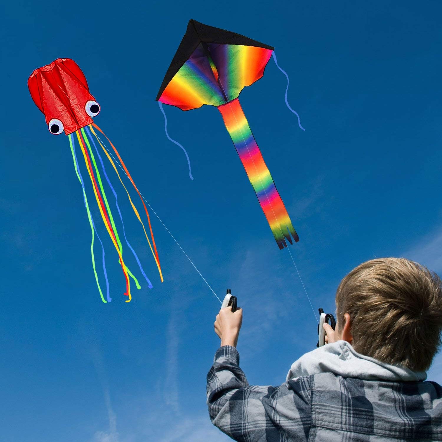 Listenman 2 Pack Kites - Large Rainbow Delta Kite and Red Mollusc Octopus with Long Colorful Tail for Children Outdoor Game,Activities,Beach Trip Great Gift to Kids Childhood Precious Memories: Sports & Outdoors