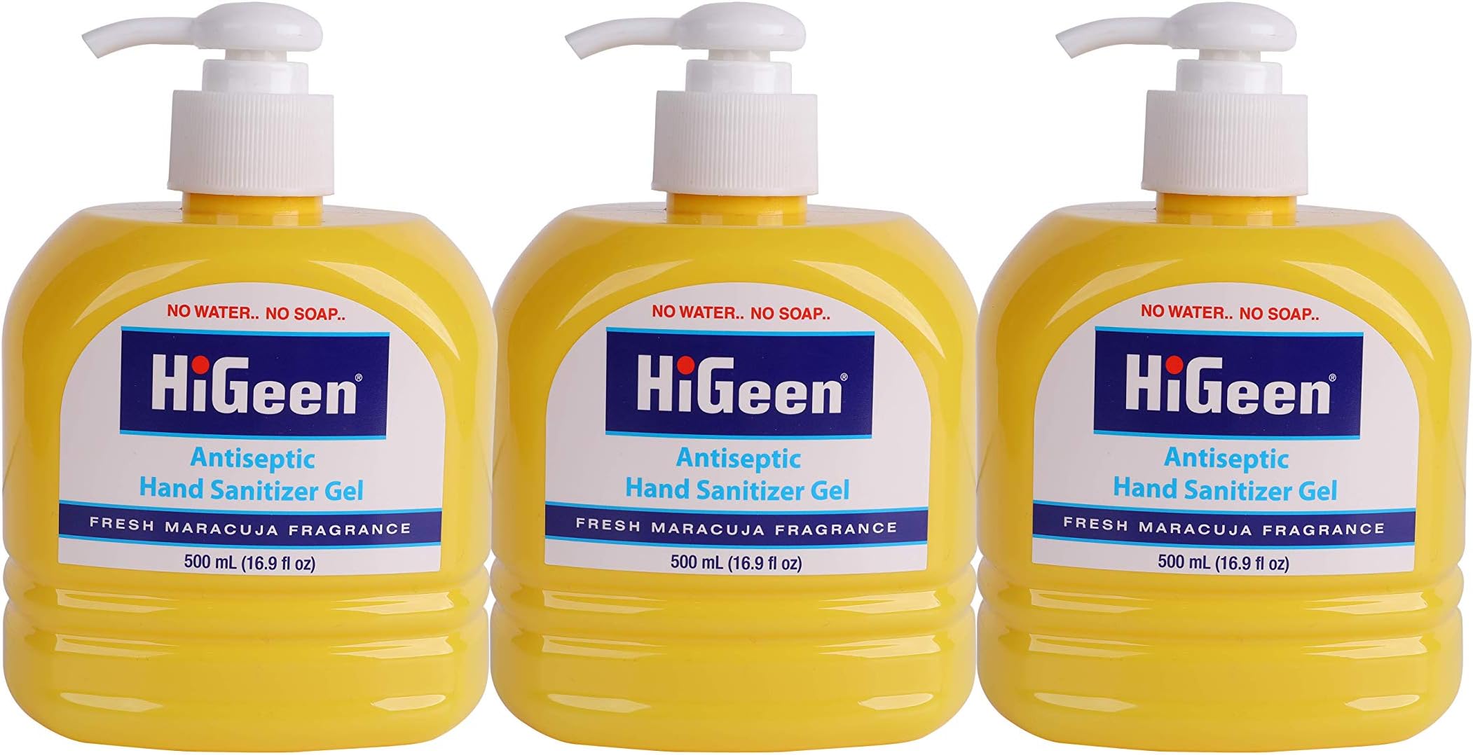 HiGeen Advanced Anti-Bacterial Hand Sanitizer Gel, Pack of Three 500 ML Pump Bottles in Fresh Maracuja Fragrances