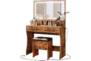 Vanity Table with Lighted Mirror and Cushioned Stool, Makeup Dressing Table with Drawers and Storage, 3 Color Lighting Modes 