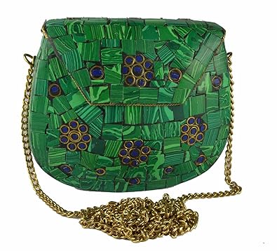 Eshopitude Chipped Stone Metal Clutch Red,Black,Blue,Orange,Green,white Onyx Gemstone With Shoulder Chain Brass Womens & Girls Handbag/Clutch/Purse Pouch
