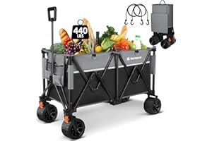 Raynesys Collapsible Wagons Heavy Duty 440 lbs Folding Beach Carts with Big All-Terrain Wheels, Utility Lounge Wagon Garden Cart with 200L Capacity for Outdoor, Sports, Shopping, Camping, Black & Gray