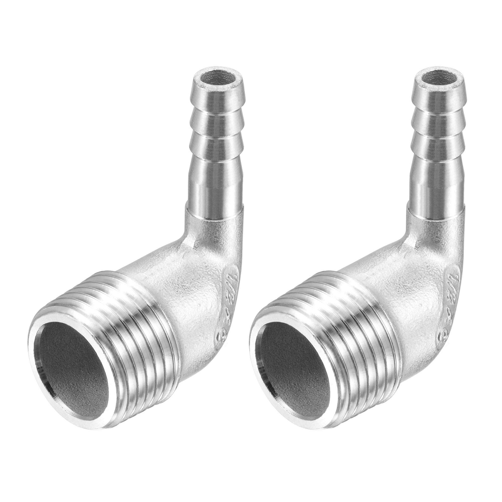 sourcing map 304 Stainless Steel Hose Barb Fitting Elbow, 8mm Barbed x G1/2 Male Pipe Connector Adapter for Water Fuel Air, Pack of 2