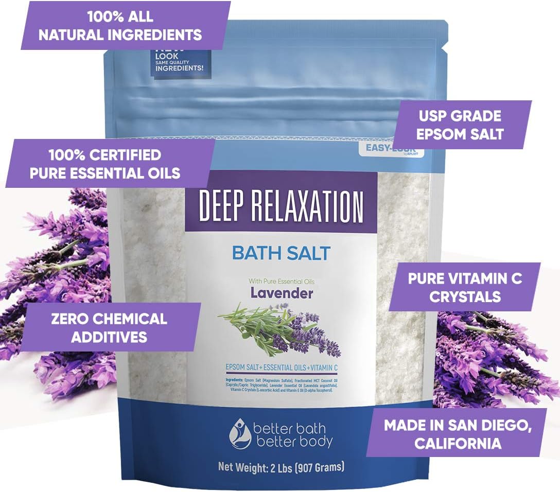Deep Relaxation Bath Salt 32 Ounces Epsom Salt with Natural Lavender Essential Oil Plus Vitamin C in BPA Free Pouch with Easy Press-Lock Seal: Health & Personal Care
