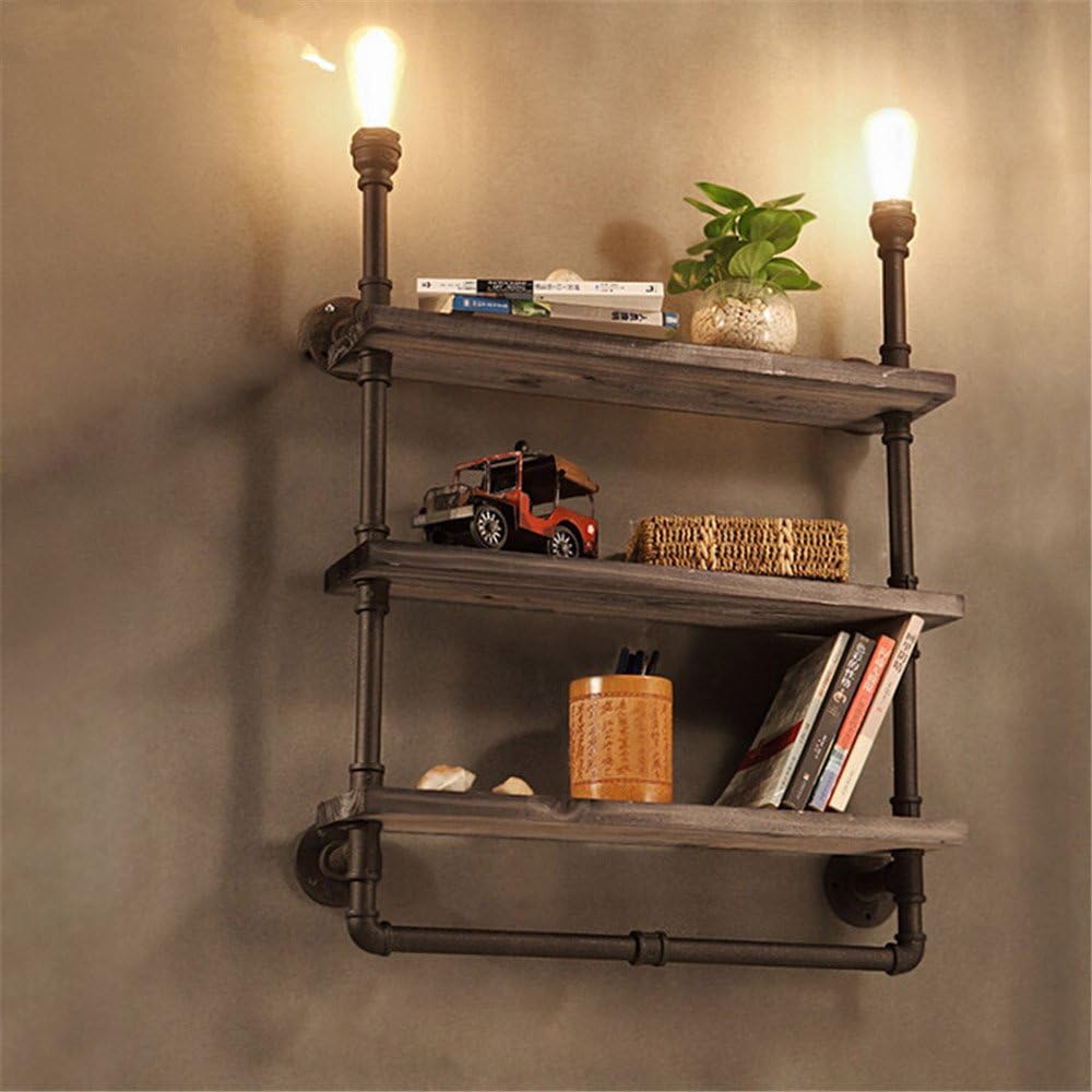 FIONADAN Retro Personality Cafe Hallway Restaurant Wrought Iron American Nordic Industrial Bookshelf Wood Slab Wall Lights Christmas Decorations [Energy Class A+++]