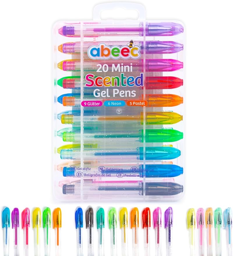 abeec 20 Scented Mini Gel Pens Set with Case Glitter Neon Pastel