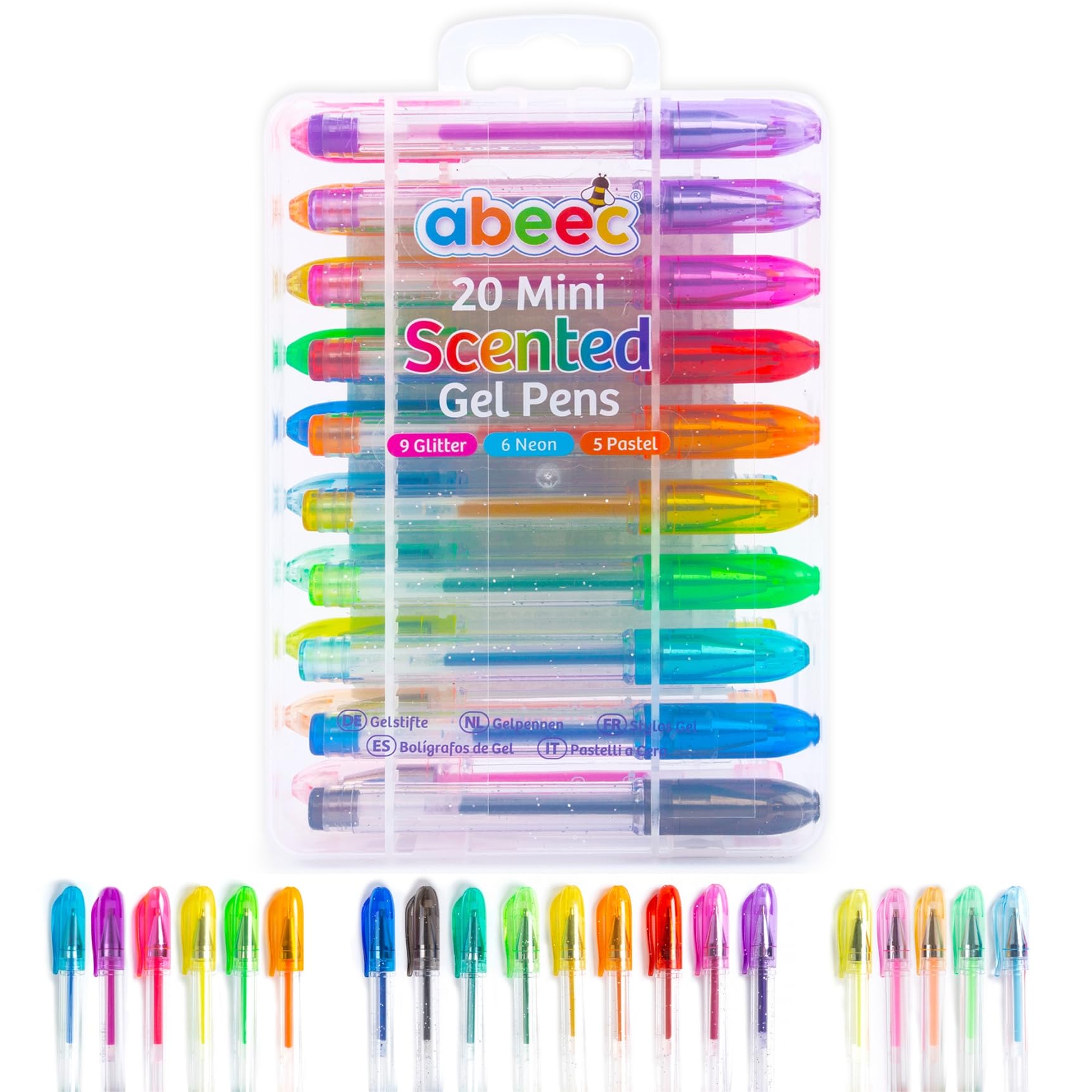 abeec 20 Scented Mini Gel Pens for Kids | Glitter, Neon & Pastel Colours | Mini Gel Pen Set with Storage Case | Birthday Gift for Girls