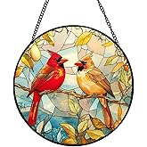 Xuoxeji Stained Glass Style Cardinal Suncatcher, 7.87 Inch (20cm) Round Real Glass Window Hanging with Gift Box and Chain, Bird Decor Gift