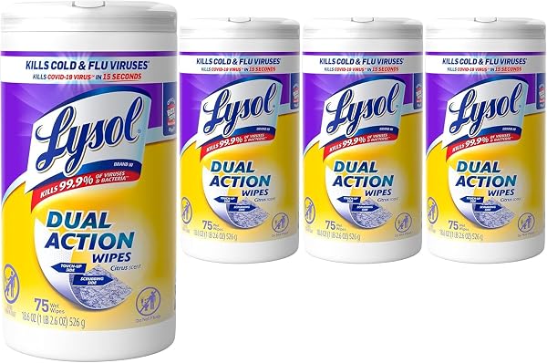 LYSOL DUAL ACTION DISINFECTANT WIPES, MULTI-SURFACE ANTIBACTERIAL SCRUBBING WIPES, DORM ROOM ESSENTIALS, CITRUS SCENT, 75CT (PACK OF 4), PACKAGING MAY VARY