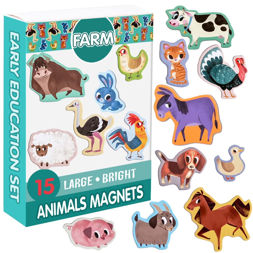 Farm Animal Magnets for Kids - Magdum - 15 Large Magnetic Animals for Fridge - Realistic Farm Animal Learning Toy for Toddlers - Educational Preschool Set - Strong Durable Safe Pieces - Kids Gift