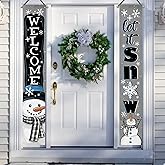 Deroro Welcome Winter Snowman Gray Porch Banner Sign, Let It Snow Snowflake Buffalo Plaid Check Door Decorative Hanging Banner Flag, Christmas Holiday Seasonal Decoration Home Outdoor Decor