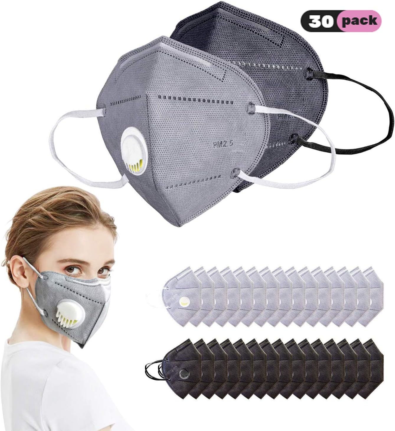 DELUX N95 Particulate Respirator Mask, 30 Pack Disposable Dust Mask with Exhalation Valve and 6-Layer Activated Carbon Air Filter for Construction, Home, Traffic Dust, Allergy, Mowing