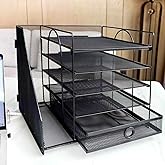 5-Tier Paper Letter Organizer with File Holder, Desk Organizer with Drawer, Mesh Desktop Storage with Magazine Holder for Office Supplies (Black)