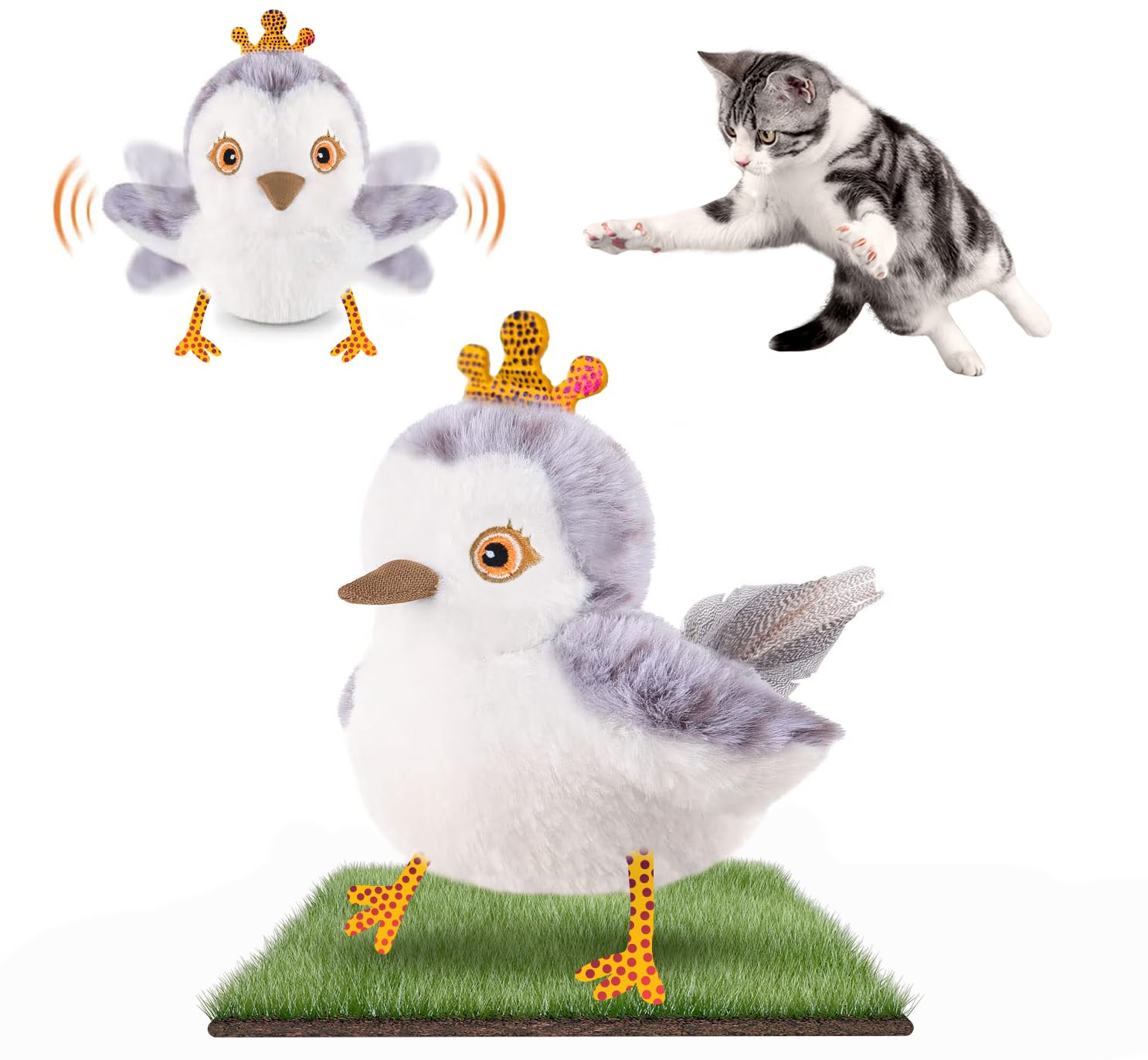 Migipaws Cat Toys Flapping Bird (No Flying) Lifelike Sandpiper Royale Chirp Tweet Rechargeable Touch Activated Kitten Toy Interactive Exercise Toys for All Breeds Cat Kicker Catnip Toys