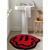 Estmy Trippy Cute 2ft Round Bathroom Rugs Red/Black Non Slip Rubber Backed Washable, Groovy Aesthetic Happy Face Abstract Hippie Retro Funny Cool Soft Plush Absorbent Bath Mat Shower Floor Rug
