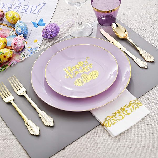 NERVURE 150PCS EASTER PLASTIC PLATES – PURPLE AND GOLD PLATES WITH EASTER EGG – PURPLE DISPOSABLE PLATES INCLUDES 50 PLASTIC PLATES, 25 KNIVES, 25 FORKS, 25 SPOONS, 25 CUPS FOR PARTY