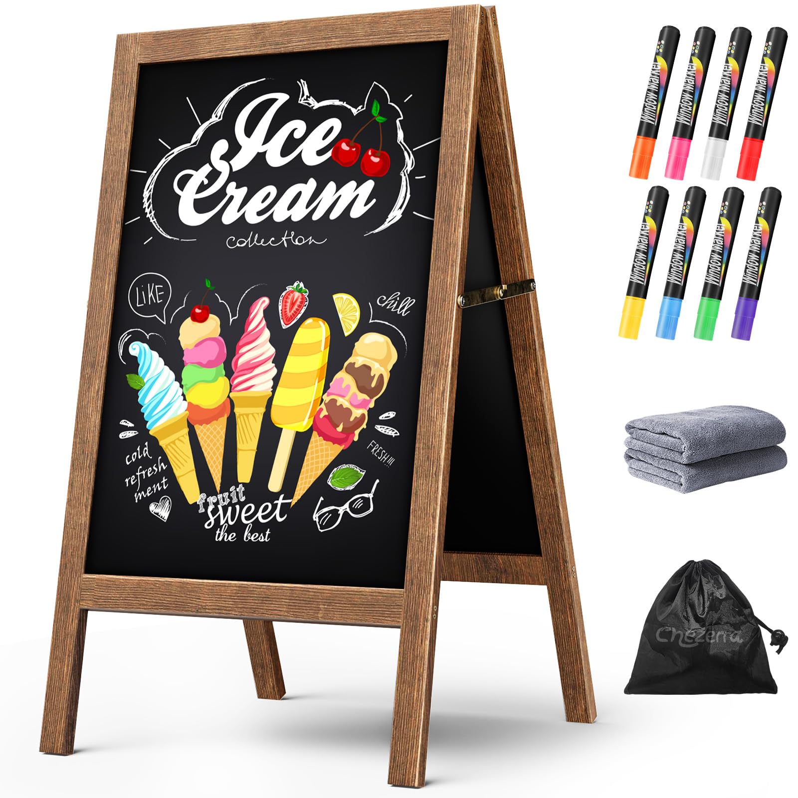 Photo 1 of ***SCRATCHED***Chezerra A Frame Chalkboard Sign, 40"x20" Extra Large Sidewalk Chalk Board, Wooden Standing ChalkBoards Set with Markers, Double-Sided Magnetic Blackboard for Cafés, Weddings, Party Guide, Brown***SCRATCHED***