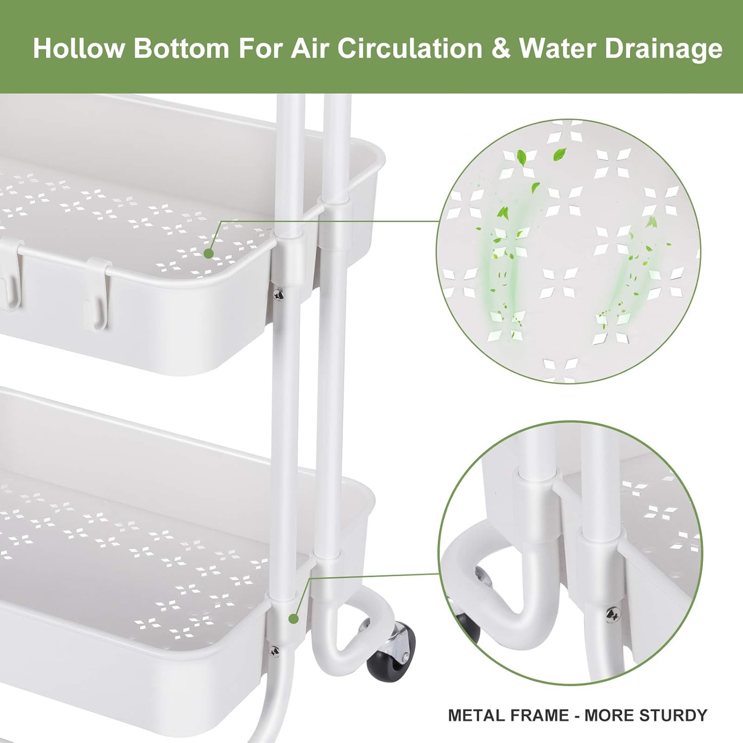 LEHOM 3-Tier Rolling Utility Cart with Hanging Cups & Hooks & Handle, Multifunctional Art Cart Organizer Storage with Wheels, Easy Assembly for Office, Bedroom, Kitchen, Bathroom, Laundry (White) : Office Products