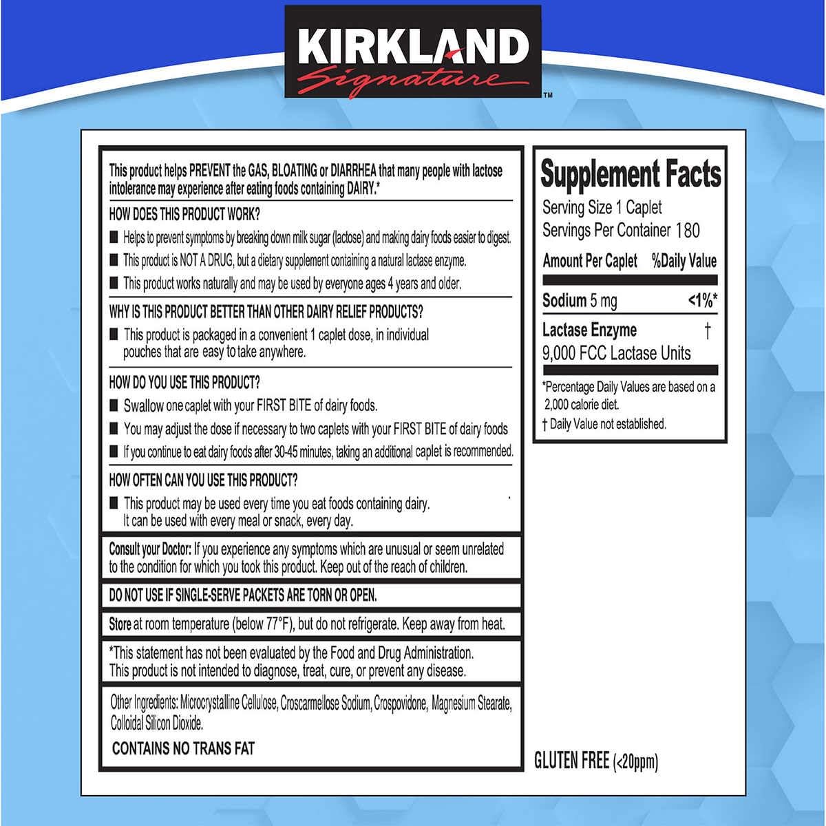 Kirkland Signature Fast Acting Lactase Natural Dairy Digestive Supplement, 180-Count Caplets: Health & Personal Care