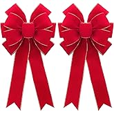 2pcs 20-Inch Velvet Red Bows for Christmas Tree, Handmade Christmas Bow Tree Topper-Gold Wire-Fluffy Sturdy Shape-Retaining, Gift Boxed & Ready-to-Use for Wreath Floral Fireplace Outdoor Car Garden