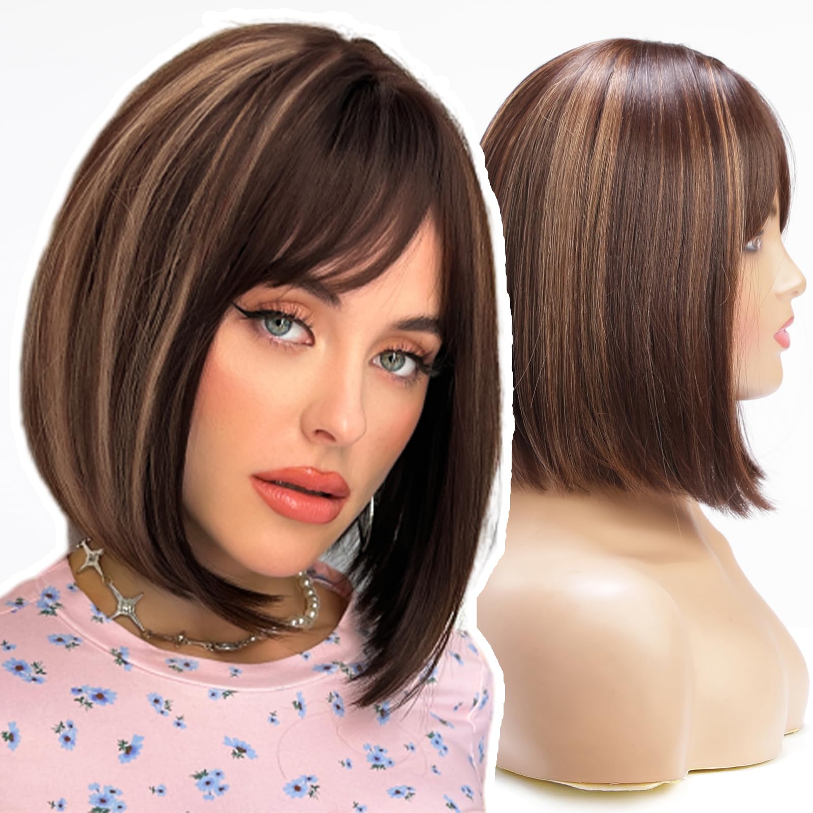 WOKESTAR Short Chestnut Brown Color Wigs for Women, Bob Style Synthetic Heat Resistant Bob Wigs